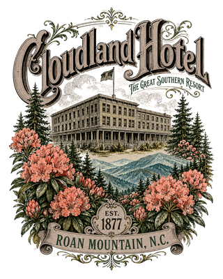 Vintage Cloudland Hotel artwork with Roan Mountain and rhododendrons