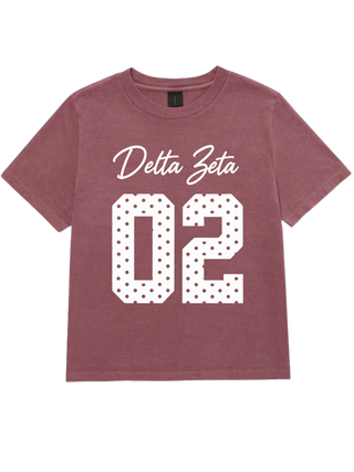 A short-sleeve crewneck t-shirt in a dusty rose or mauve color, featuring a white graphic print on the front with the words 'Delta Zeta' in script above a large number '02' filled with a polka dot pattern.