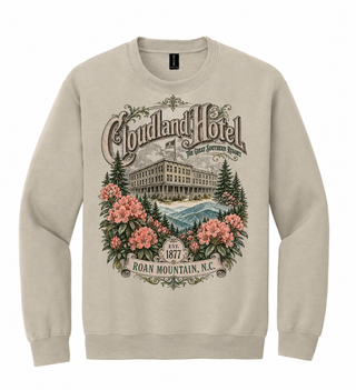 Cloudland Hotel design on sand crewneck sweatshirt
